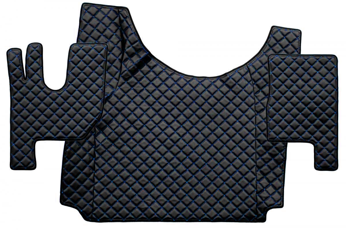 Tapis de sol en cuir synthétique (éco-cuir) – Volant à droite, noir avec surpiqûres bleues, adapté pour Renault Range T 2014+