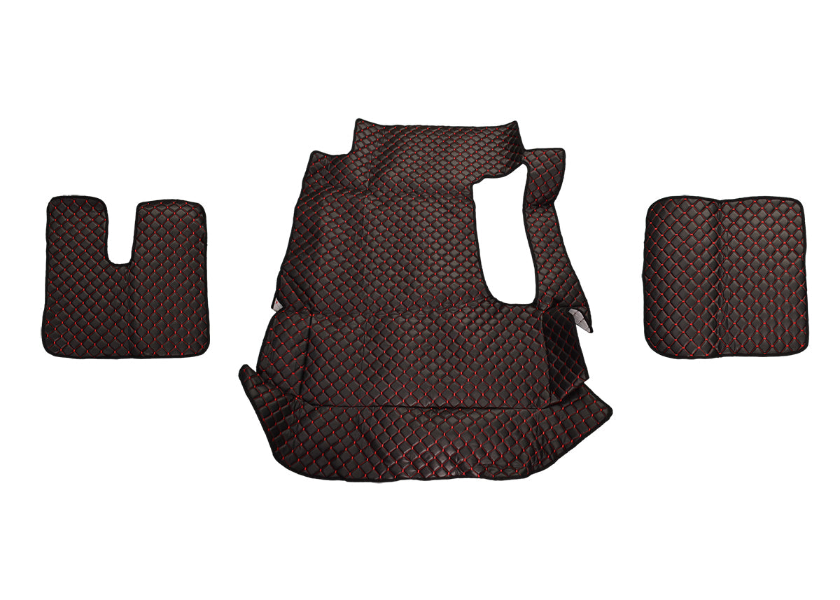 Tapis de sol noirs en cuir synthétique (éco-cuir) – adaptés pour MAN TGA cabine large, surpiqûres rouges, 2000–2010