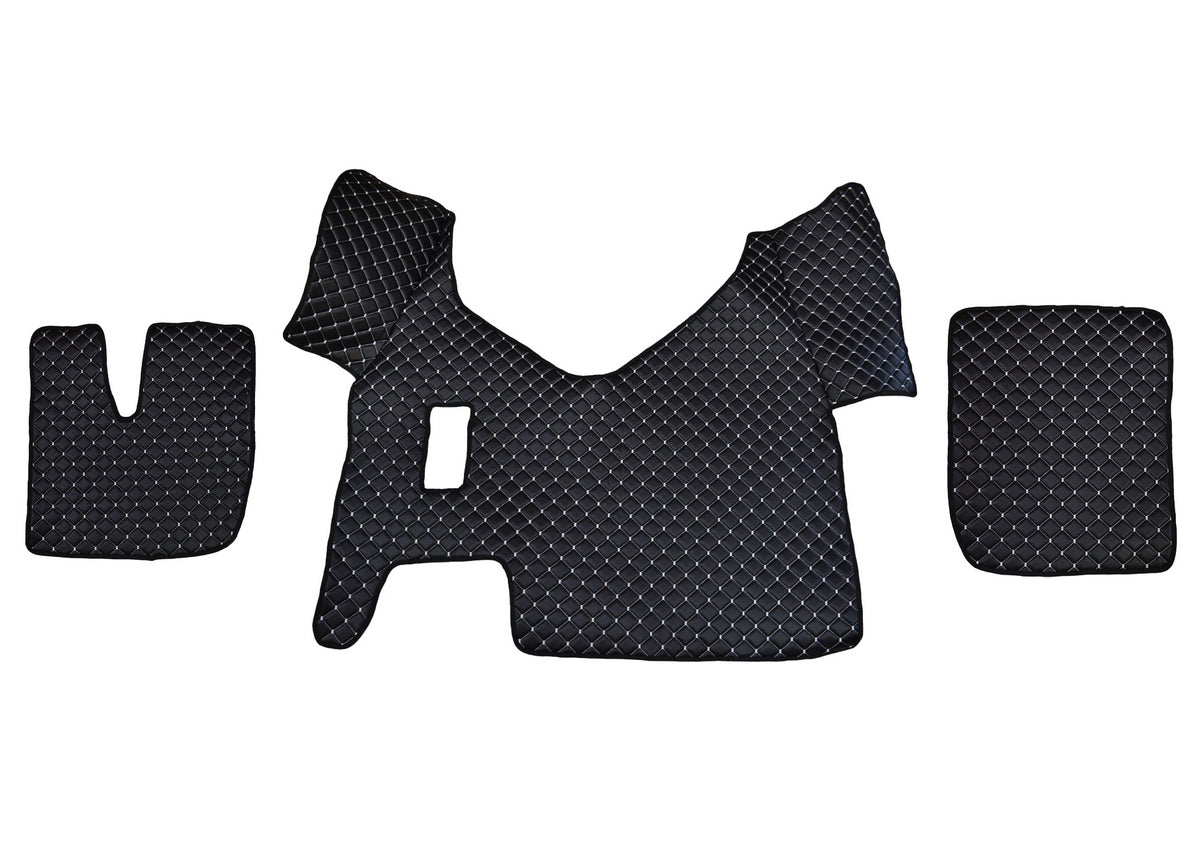 Tapis de sol en cuir noir – coutures blanches, adapté pour Iveco Stralis Hi-Way boîte manuelle 2013–2016