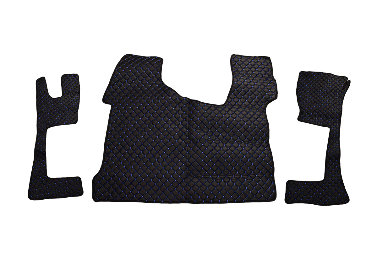 Tapis de sol en cuir – adapté pour Mercedes Actros MP4 cabine étroite 230 cm, noir avec surpiqûres bleues 2011–2019