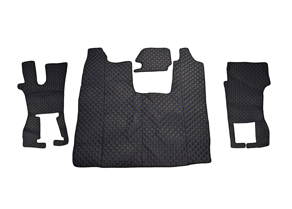 Jeu de tapis de sol en cuir synthétique (éco-cuir) – adapté pour Scania R avec siège passager rabattable, noir avec surpiqûres bleues, à partir de 2016