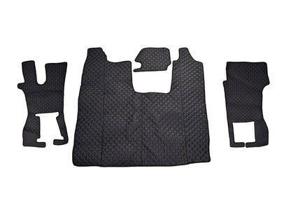 Jeu de tapis de sol en cuir synthétique (éco-cuir) – adapté pour Scania R avec siège passager rabattable, noir avec surpiqûres bleues, à partir de 2016