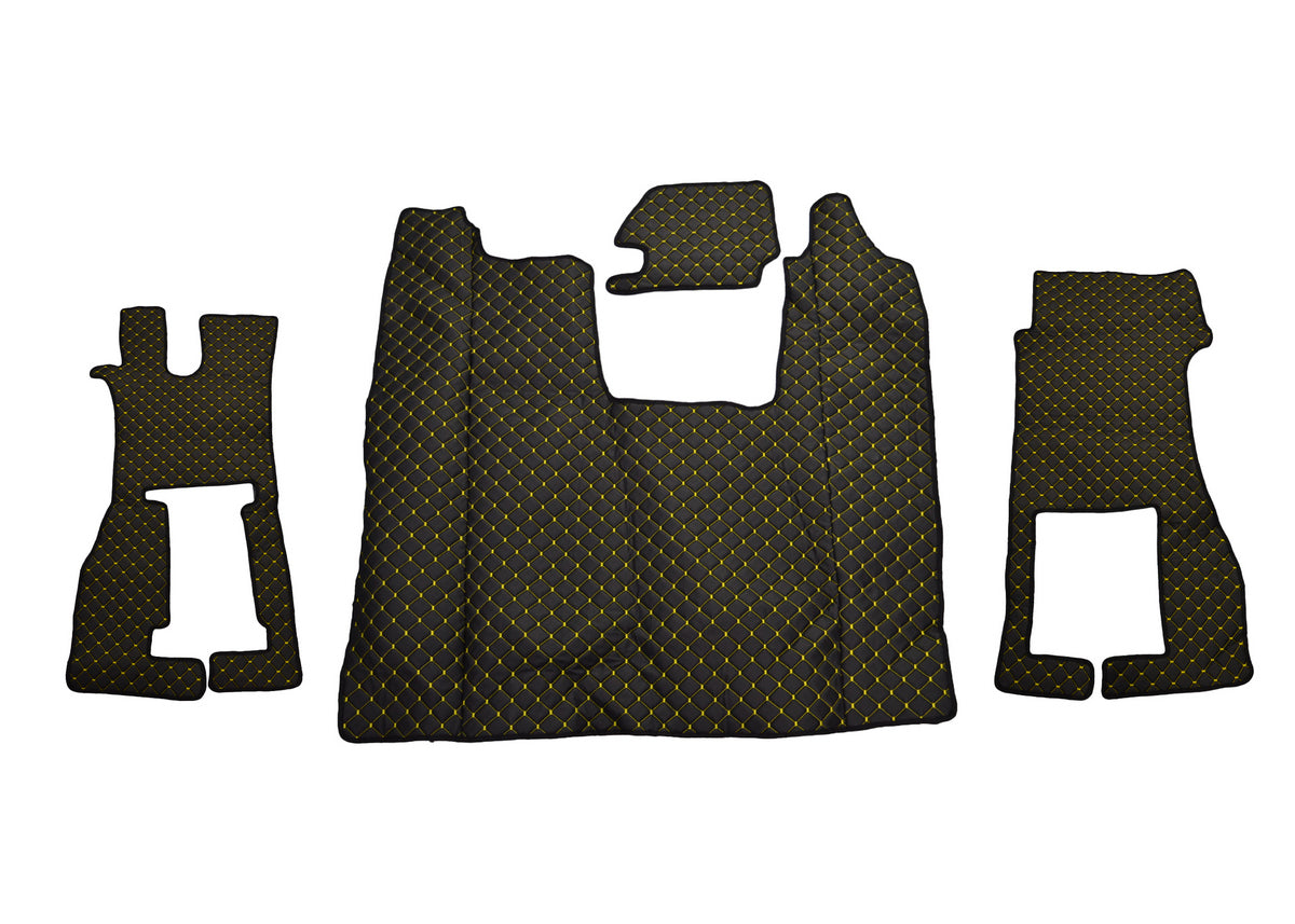 Jeu de tapis de sol en cuir – adapté pour Scania R avec siège passager rabattable, noir avec surpiqûres jaunes, à partir de 2016