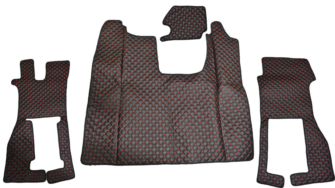 Jeu de tapis de sol en cuir synthétique (éco-cuir) – adapté pour siège passager à suspension Scania R, noir avec surpiqûres rouges, à partir de 09/2016