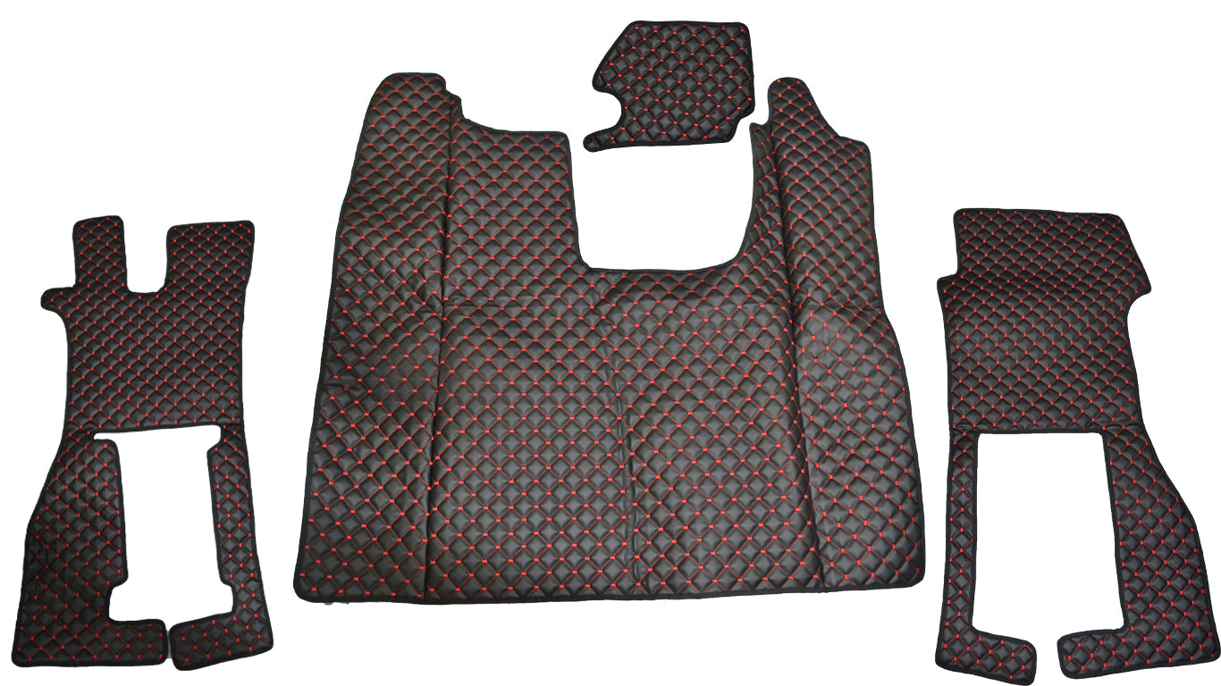 Σετ πατακιών δαπέδου από τεχνητό δέρμα (eco leather) – κατάλληλο για Scania R με κάθισμα συνοδηγού με ανάρτηση, μαύρο με κόκκινη ραφή, από 09/2016