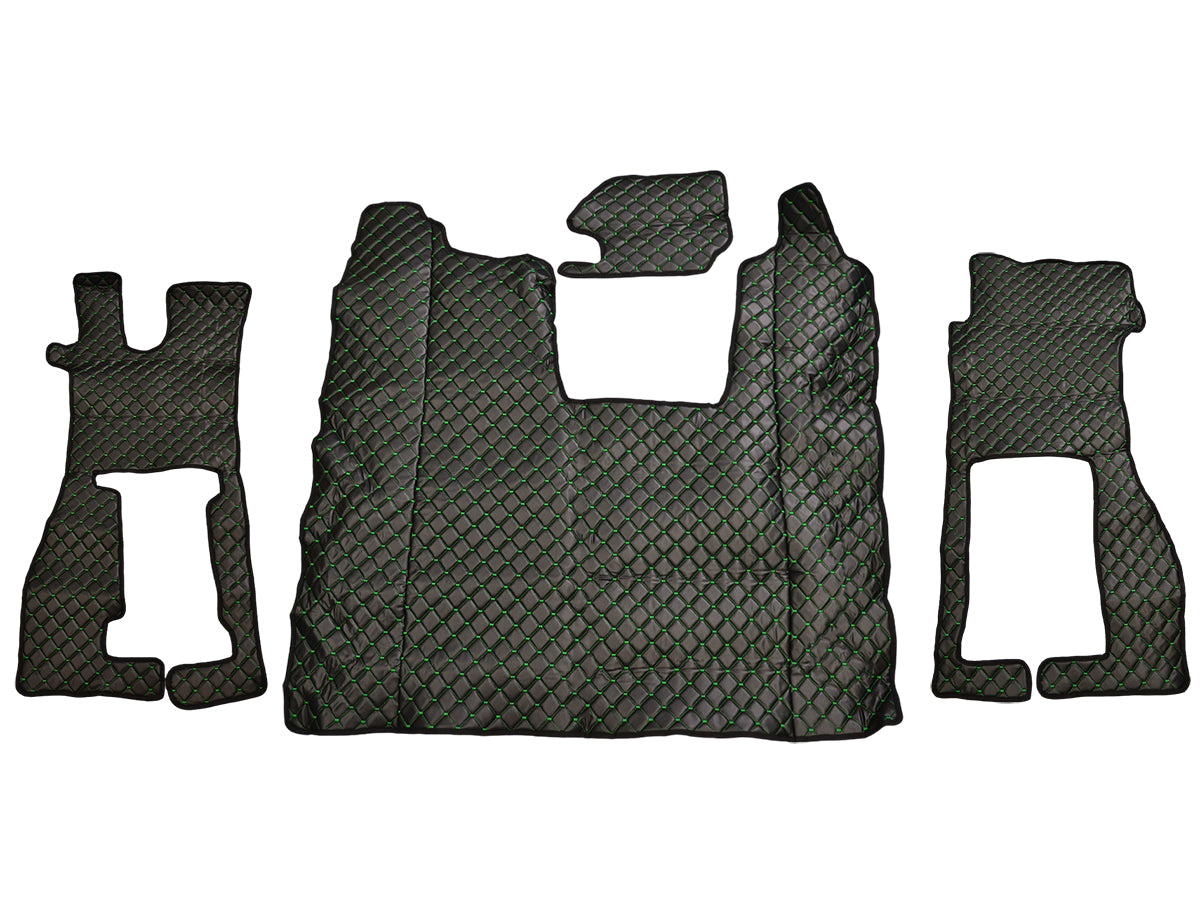 Jeu de tapis de sol en cuir synthétique (éco-cuir) – adapté pour Scania R siège passager suspendu 2016-, noir avec surpiqûres vertes