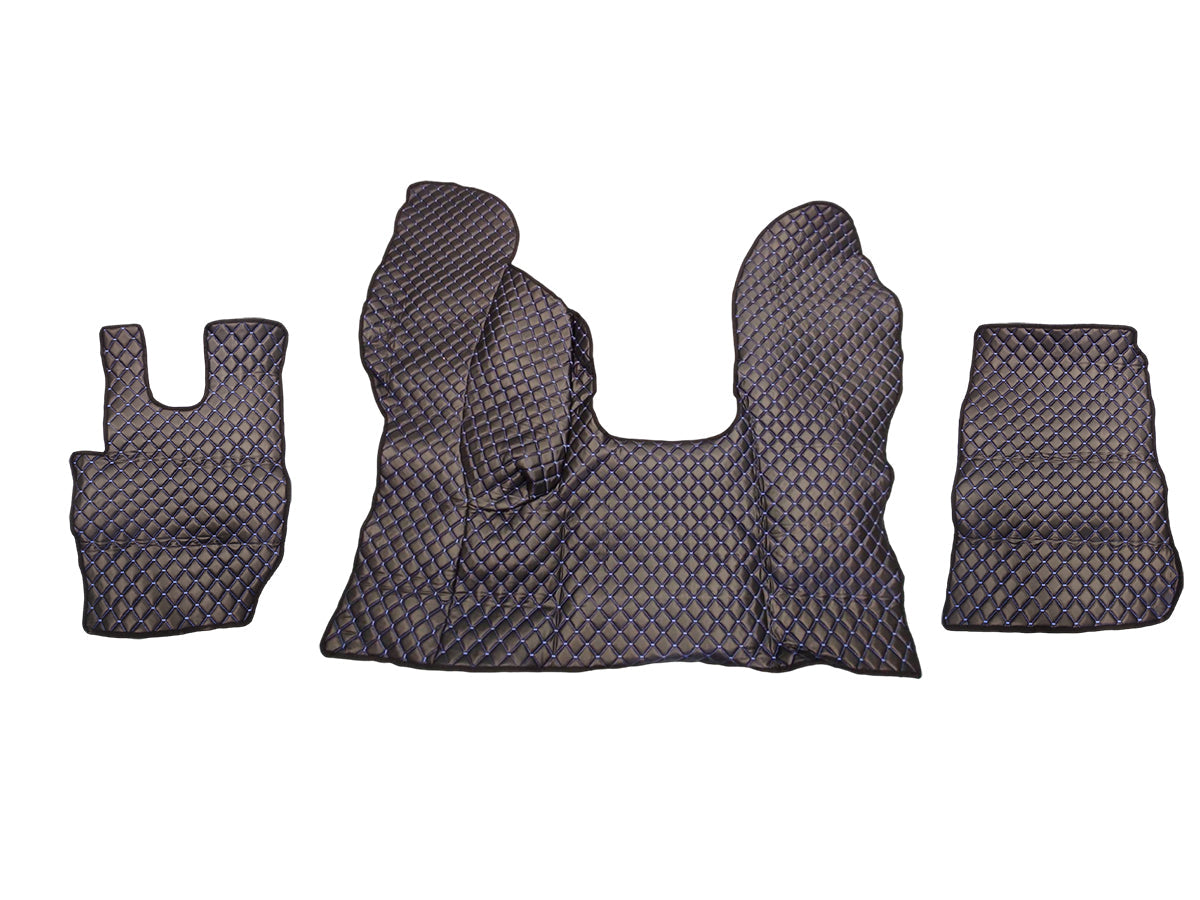 Jeu de tapis de sol en cuir – adapté pour DAF CF Euro 6 boîte automatique, noir avec surpiqûres bleues