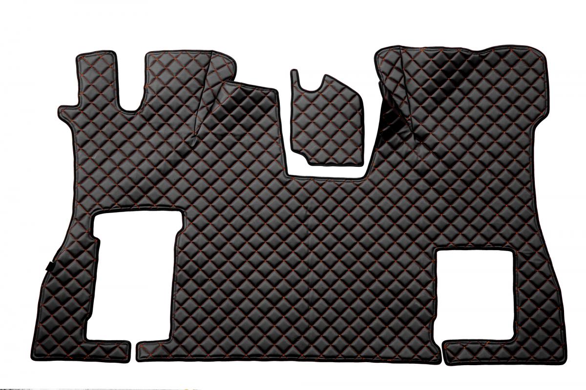Tapis de sol en cuir – adapté pour Scania S Flat Floor, siège passager rabattable, noir avec surpiqûres rouges, 2016+