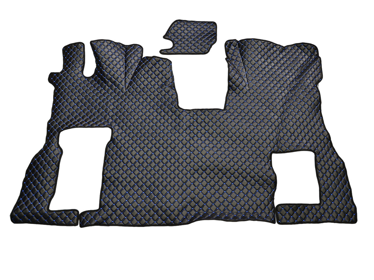 Tapis de sol en cuir – adapté pour Scania S Flat Floor, siège passager rabattable, noir avec surpiqûres bleues, 2016+