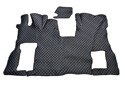 Tapis de sol en cuir – adapté pour Scania S Flat Floor, siège passager rabattable, noir avec surpiqûres bleues, 2016+