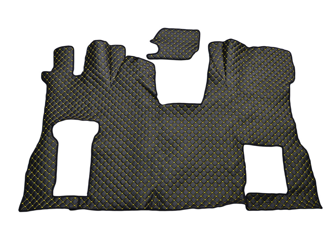 Δερμάτινα πατάκια δαπέδου – κατάλληλο για Scania S Flat Floor, αναδιπλούμενο κάθισμα συνοδηγού, μαύρο με κίτρινη ραφή, 2016+