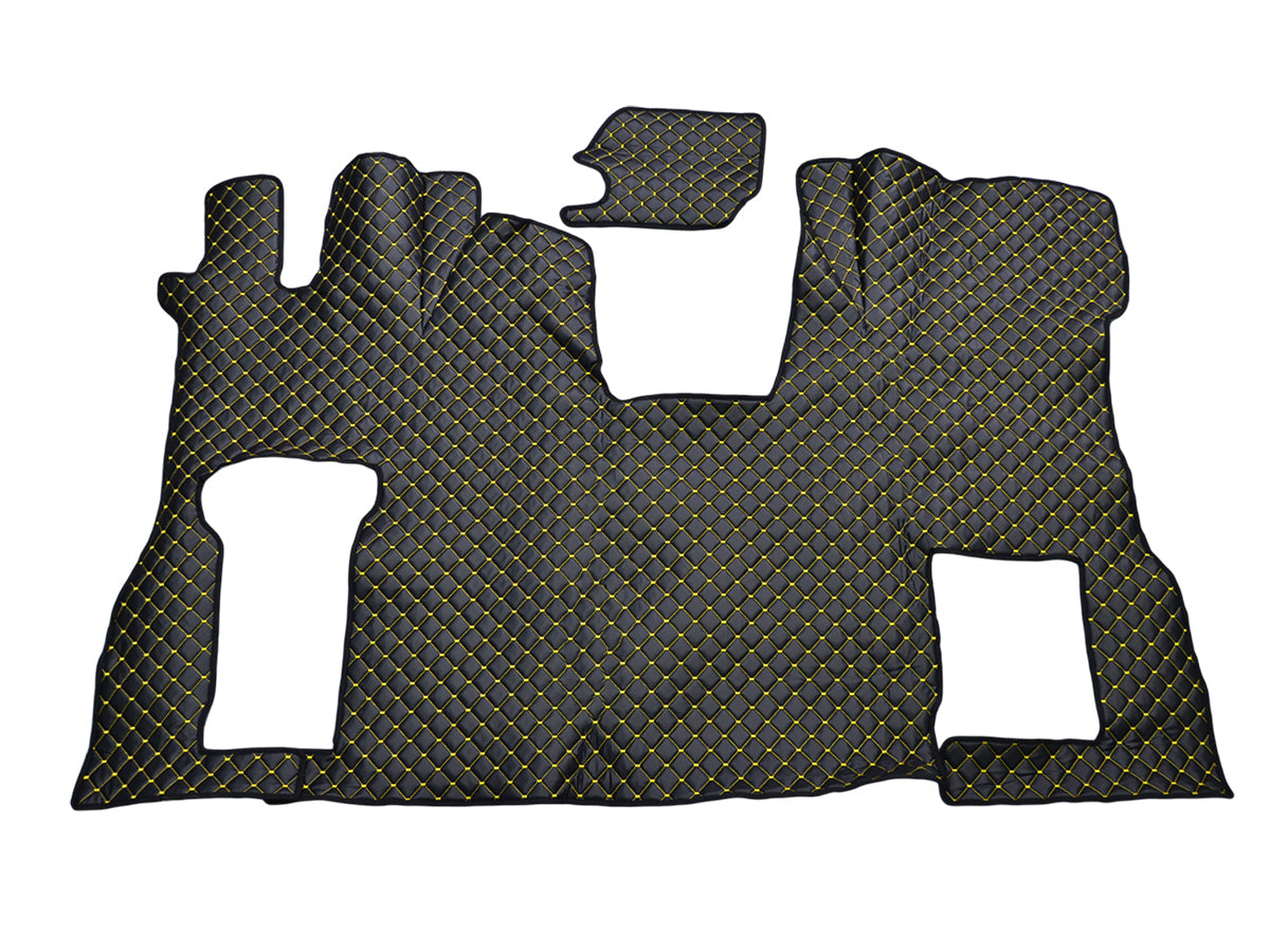 Tapis de sol en cuir – adapté pour Scania S Flat Floor, siège passager rabattable, noir avec surpiqûres jaunes, 2016+