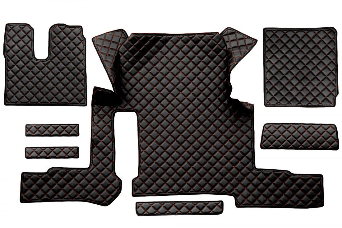 Black Eco Leather Floor Mats – Red Stitching, suitable for MAN TGX Manual Single Drawer 2018+