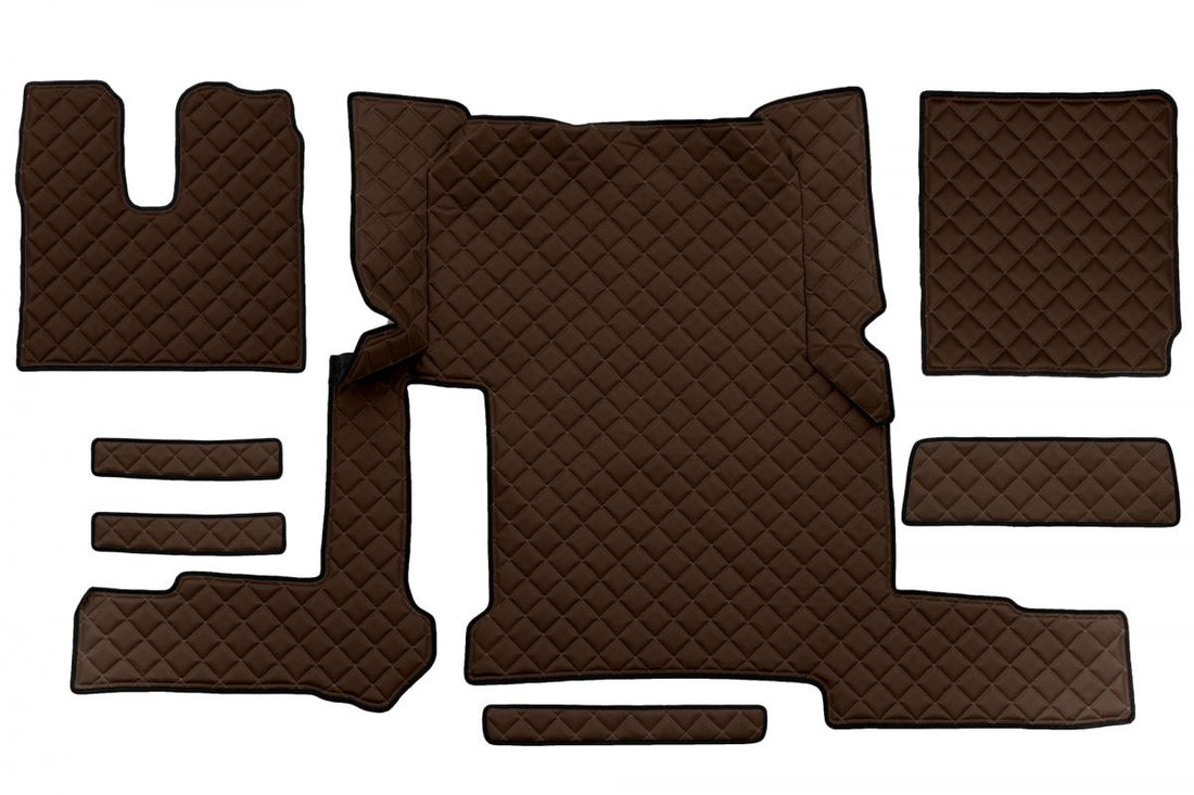 Καφέ πατάκια δαπέδου από τεχνητό δέρμα (eco leather) – κόκκινη ραφή, κατάλληλο για MAN TGX με χειροκίνητο κιβώτιο, μονό συρτάρι, 2018+