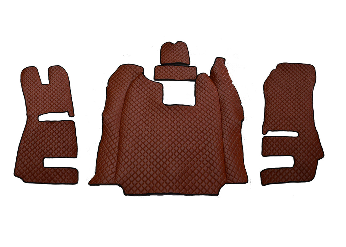 Tapis de sol en cuir synthétique (éco-cuir) marron – adapté pour Scania R 2011–2016, sièges Recaro, siège passager rabattable