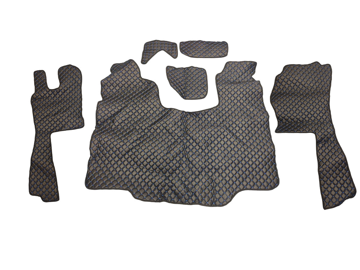 Tapis de sol en cuir synthétique (éco-cuir) – adapté pour Scania G boîte automatique 2005–2016, noir avec surpiqûres bleues