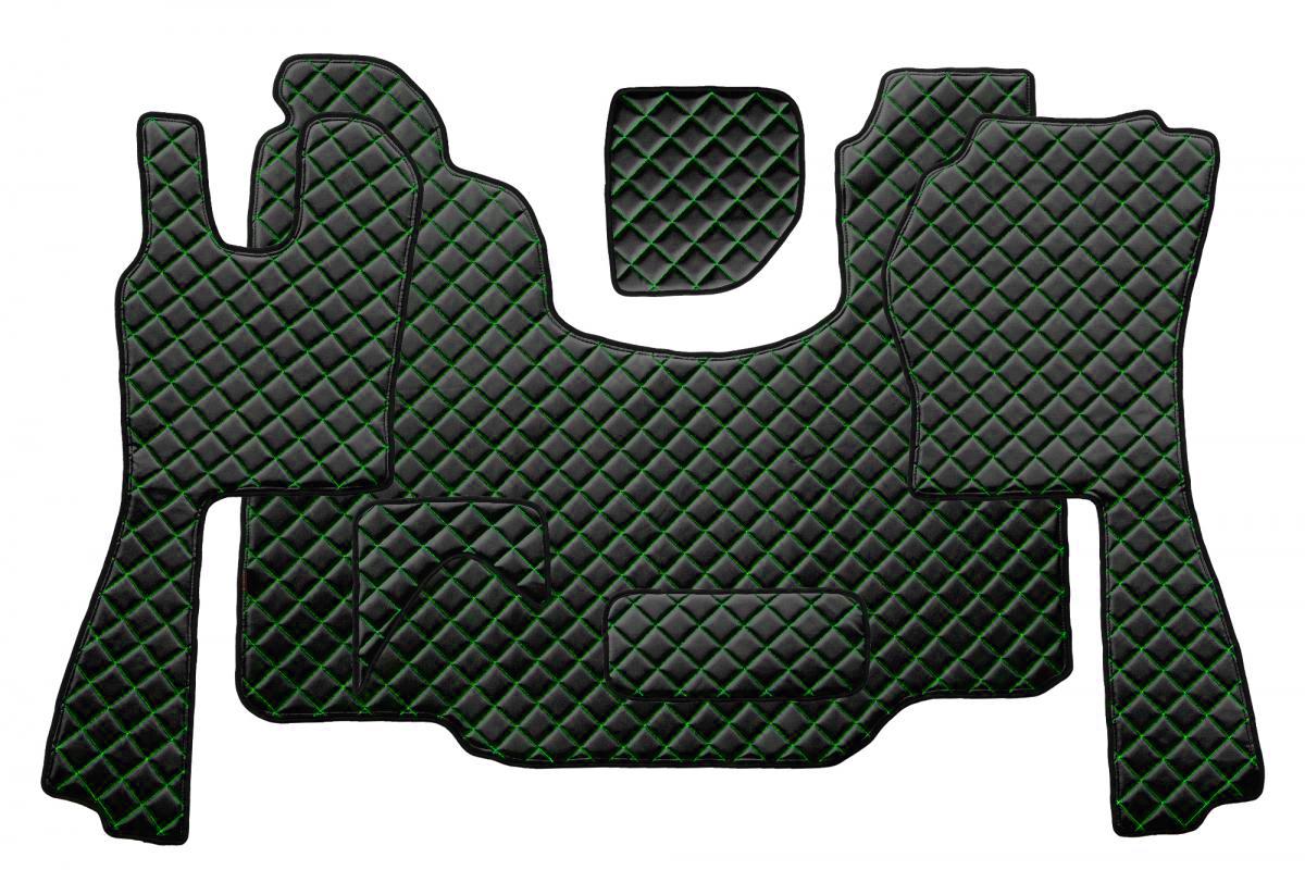 Tapis de sol en cuir synthétique (éco-cuir) – adapté pour Scania G (2005–2016), boîte automatique, noir avec surpiqûres vertes