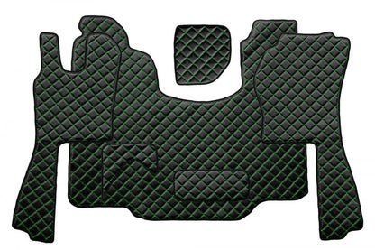 Tapis de sol en cuir synthétique (éco-cuir) – adapté pour Scania G (2005–2016), boîte automatique, noir avec surpiqûres vertes