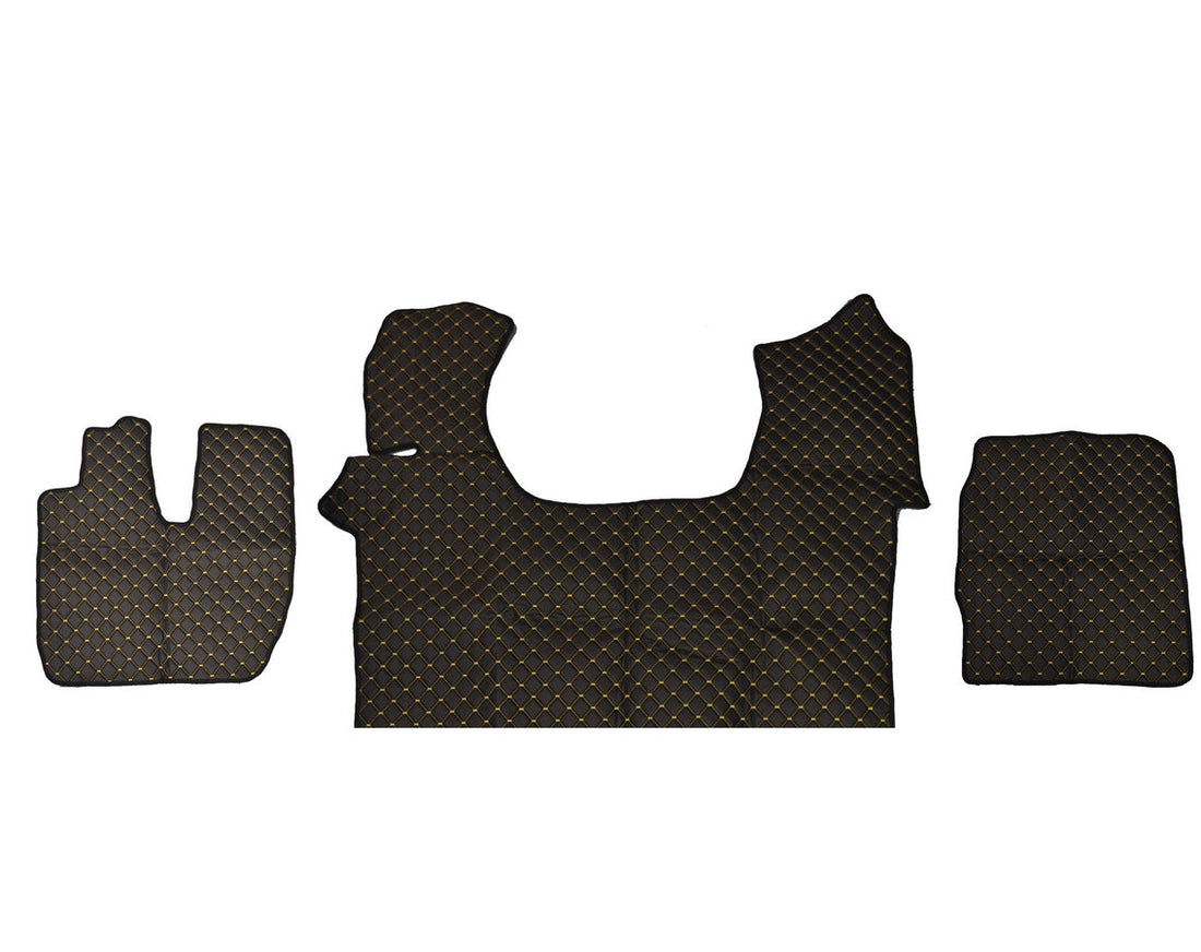 Tapis de sol en cuir synthétique (éco-cuir) – adapté pour Iveco Stralis S-Way 2019, noir avec surpiqûres jaunes