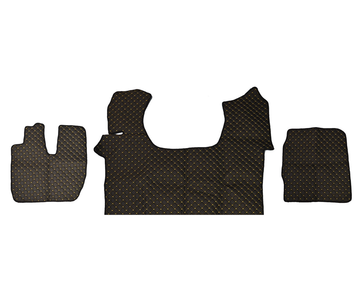 Tapis de sol en cuir synthétique (éco-cuir) – adapté pour Iveco Stralis S-Way 2019, noir avec surpiqûres jaunes