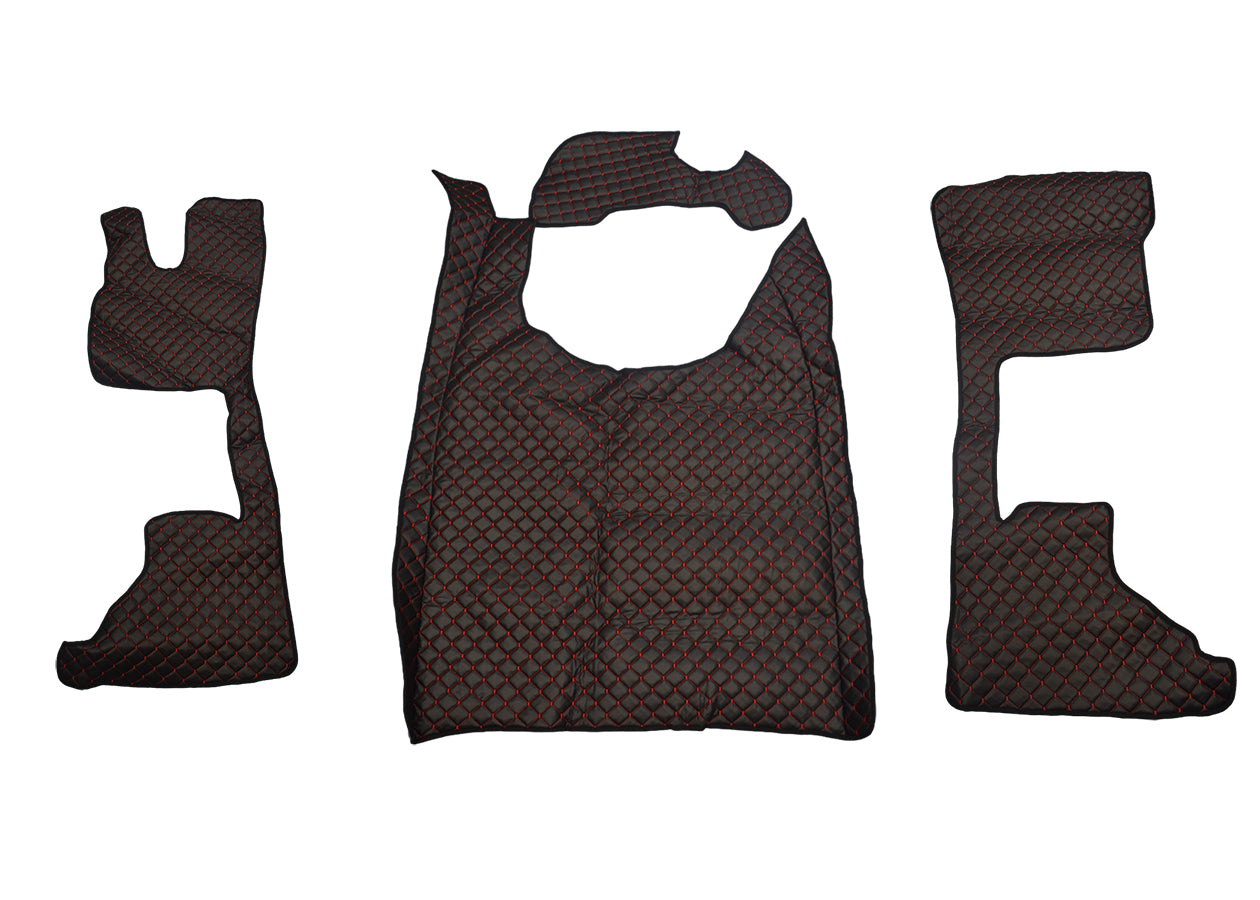 Tapis de sol en cuir synthétique (éco-cuir) noir – adapté pour DAF XG+ (à partir de 10.2021), surpiqûres rouges, siège passager pneumatique