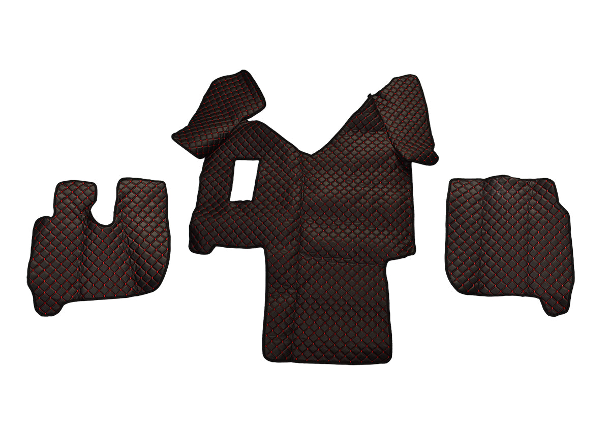 Tapis de sol noirs en cuir synthétique (éco-cuir) – adapté pour Iveco Stralis boîte manuelle, surpiqûres rouges