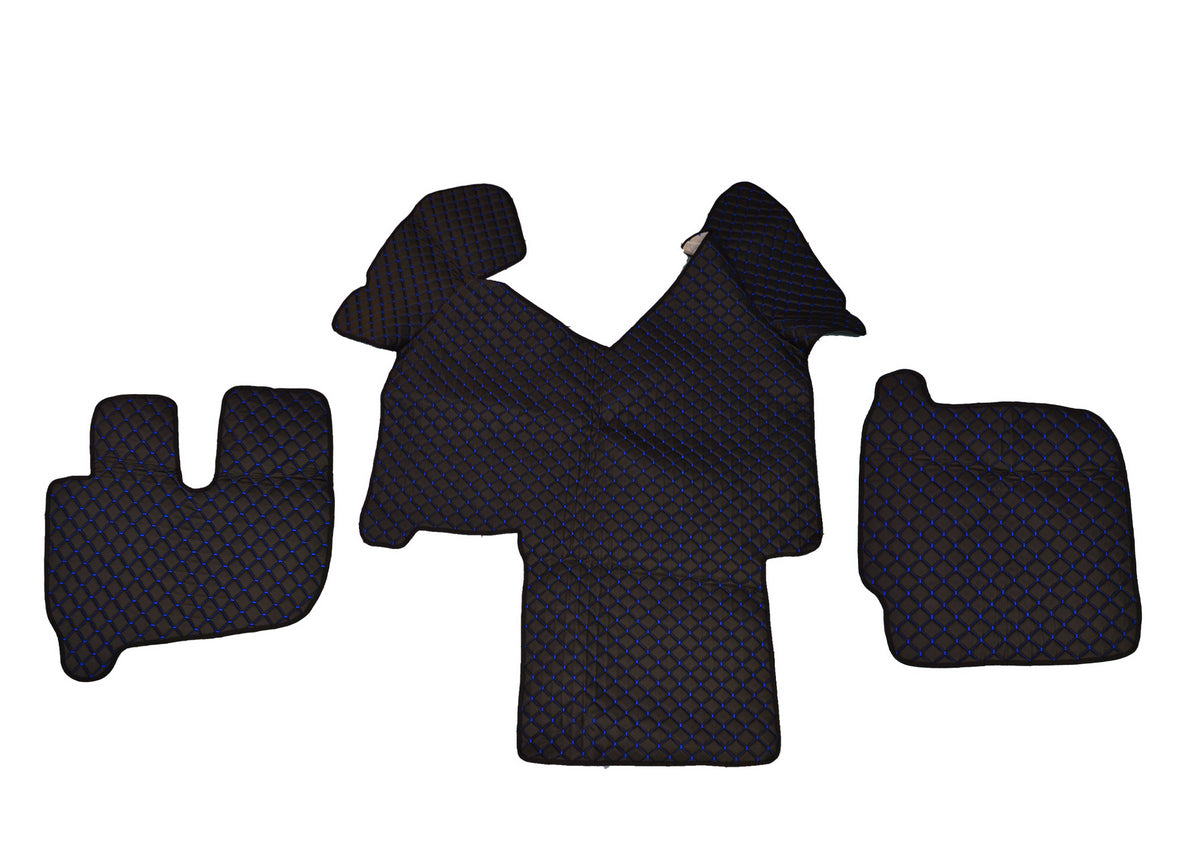 Tapis de sol en cuir synthétique (éco-cuir) noir – adapté pour Iveco Stralis, surpiqûres bleues