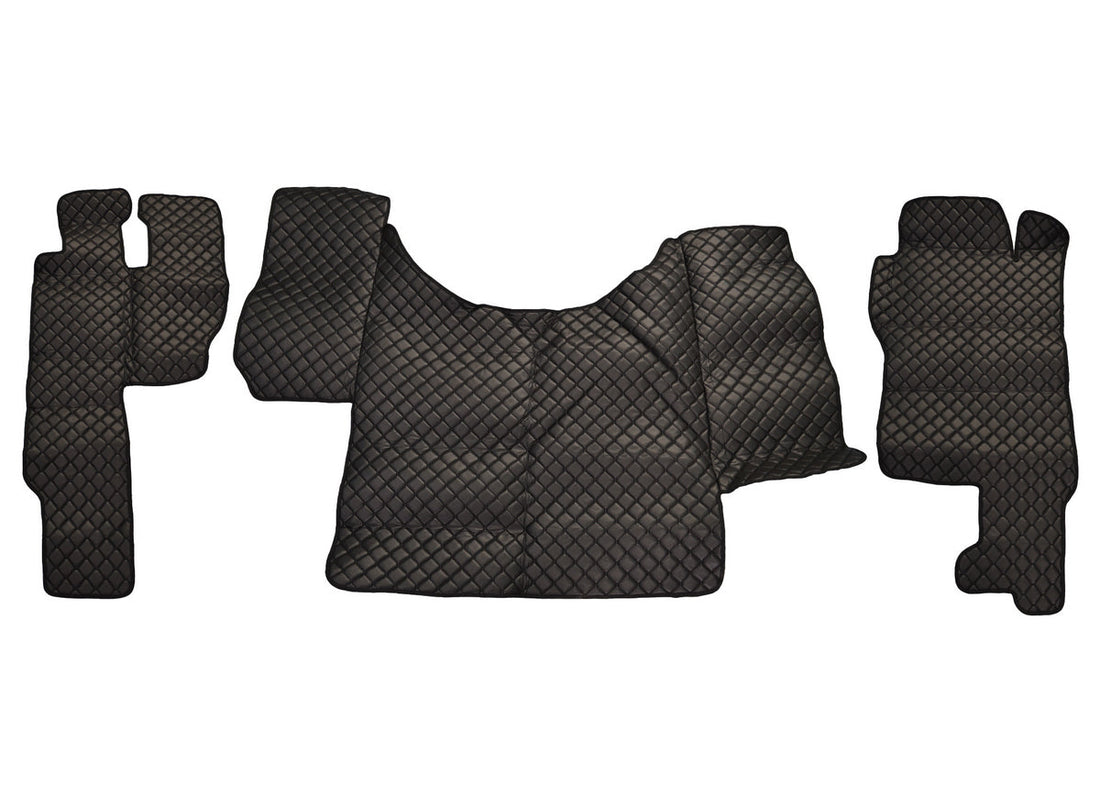 Schwarzer Fußmattensatz aus Kunstleder (Eco-Leder) – geeignet für Mercedes Actros, 2011, Schaltgetriebe, schwarze Ziernähte