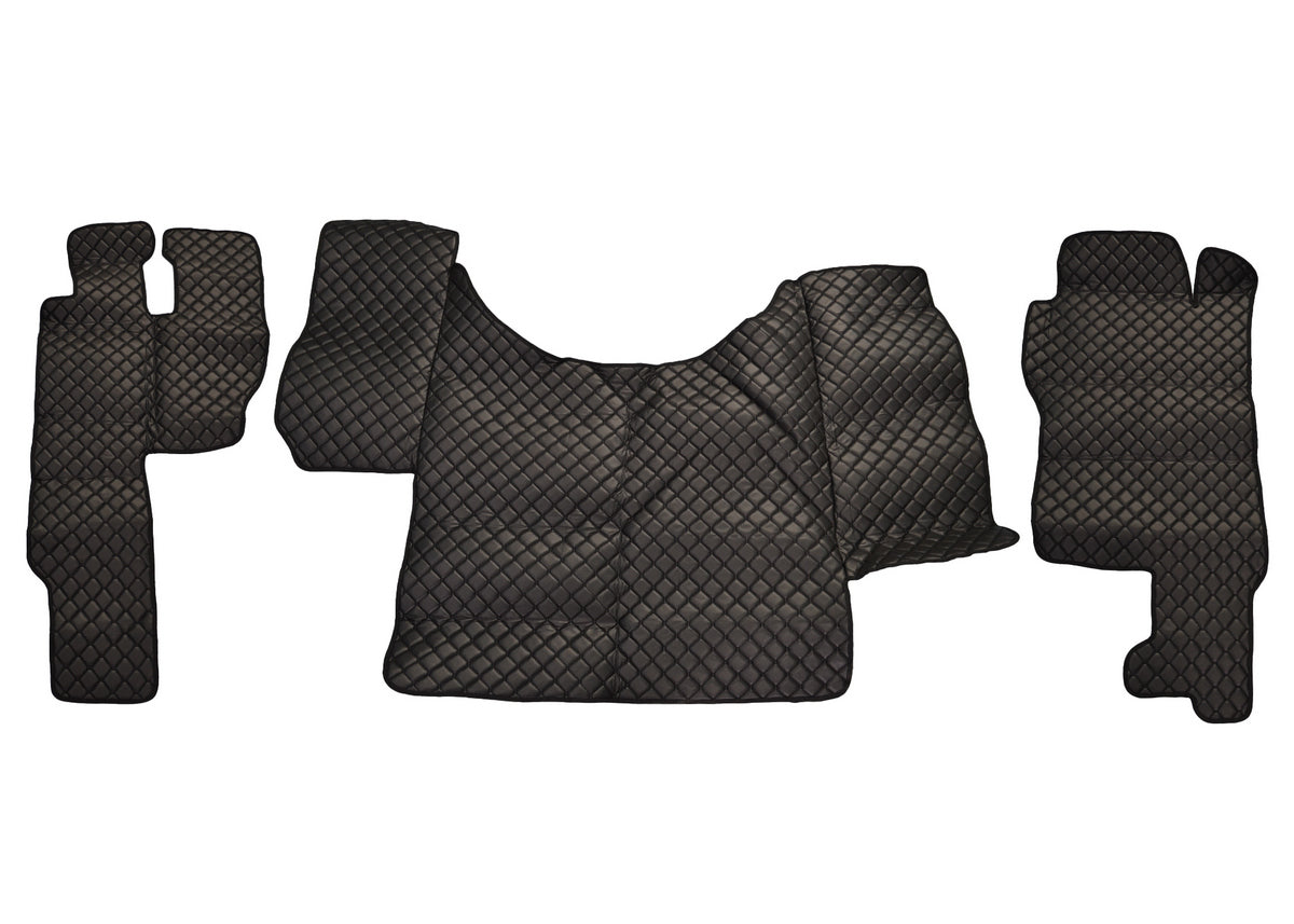 Tapis de sol en cuir synthétique (éco-cuir) noir – adapté pour Mercedes Actros, 2011, boîte manuelle, surpiqûres noires