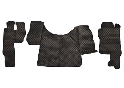 Tapis de sol en cuir synthétique (éco-cuir) noir – adapté pour Mercedes Actros, 2011, boîte manuelle, surpiqûres noires