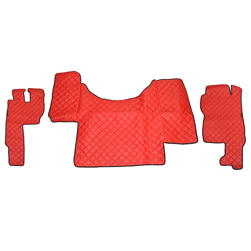 Tapis de sol rouge en cuir synthétique (éco-cuir) – adapté pour Mercedes Actros 2011 boîte manuelle, surpiqûres rouges