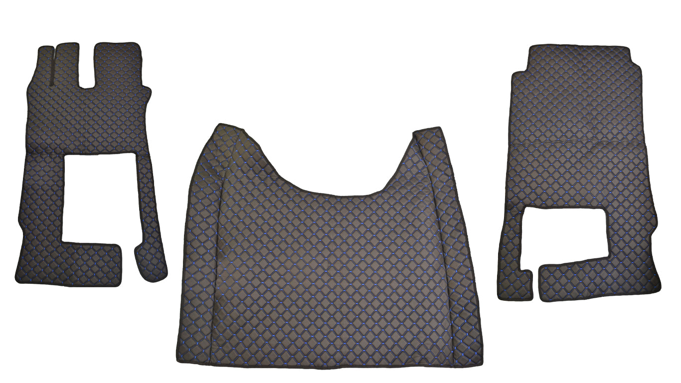 Tapis de sol en cuir synthétique (éco-cuir) noir – adaptés pour Mercedes Actros F 2021+, surpiqûres bleues