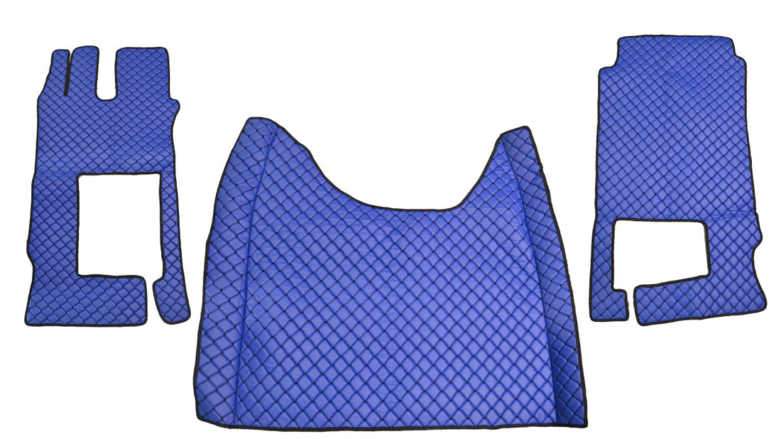 Blaue Fußmatten aus Kunstleder (Eco-Leder) – geeignet für Mercedes Actros F ab 2021, blaue Ziernaht