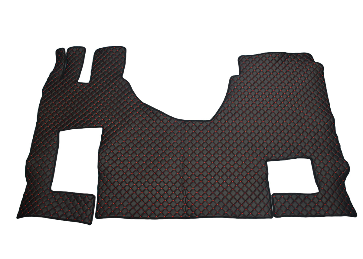 Tapis de sol en cuir synthétique (éco-cuir) noir – adapté pour Mercedes Actros Giga Space MP4/MP5 avec siège passager rabattable, surpiqûres rouges