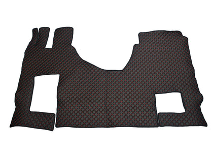 Tapis de sol en cuir synthétique (éco-cuir) noir – adapté pour Mercedes Actros Giga Space MP4/MP5 avec siège passager rabattable, surpiqûres rouges