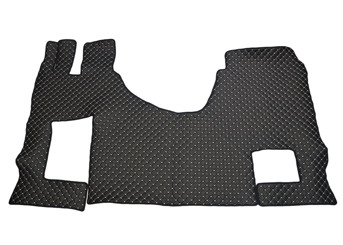 Tapis de sol en cuir synthétique (éco-cuir) noir – adapté pour Mercedes Actros Giga Space MP4/MP5, siège rabattable, surpiqûres blanches