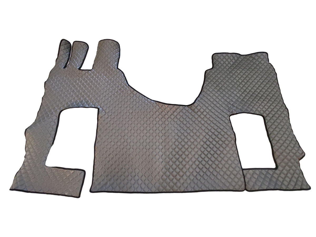 Tapis de sol en cuir synthétique (éco-cuir) gris foncé – adapté pour Mercedes Actros GigaSpace MP4/MP5 avec siège fixe, cuir noir, surpiqûres blanches