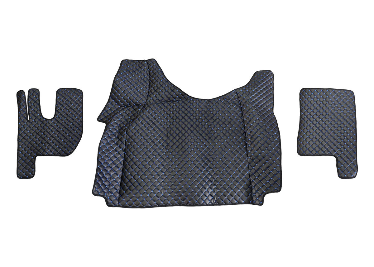 Tapis de sol en cuir synthétique (éco-cuir) noir – adapté pour tunnel Renault Gama T, surpiqûres bleues