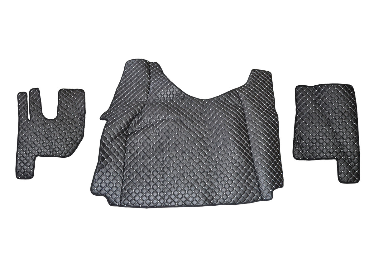 Tapis de sol en cuir synthétique (éco-cuir) noir – adapté pour Renault Gama T Tunnel, surpiqûres blanches