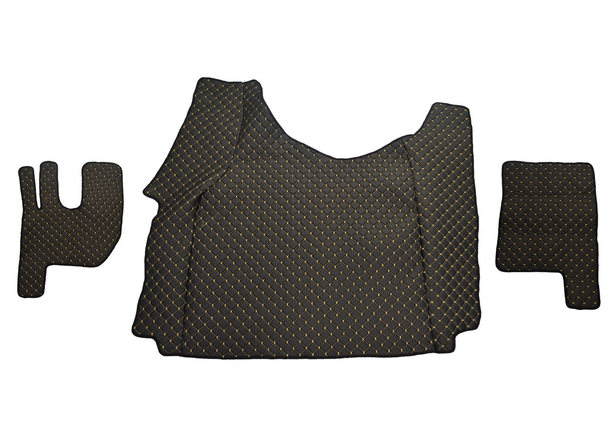 Tapis de sol de tunnel en cuir synthétique noir – adapté pour camions Renault Gama T, surpiqûres jaunes, cuir synthétique