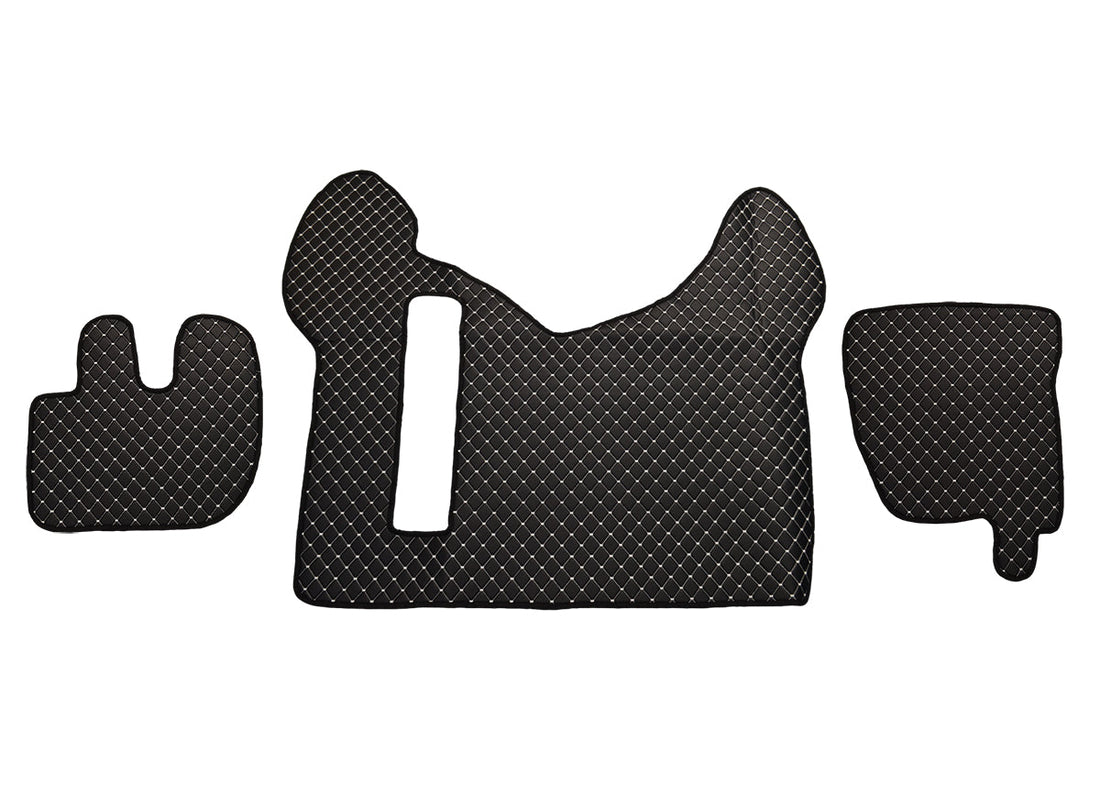 Черни подови стелки от изкуствена кожа (еко кожа) – бял шев, подходящ за Renault Premium с автоматична скоростна кутия