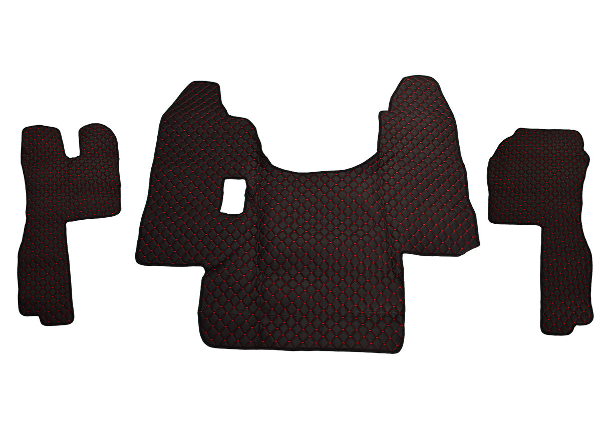 Tapis de sol en cuir synthétique (éco-cuir) noir – adapté pour Scania R 2004–2009 boîte manuelle, surpiqûres rouges