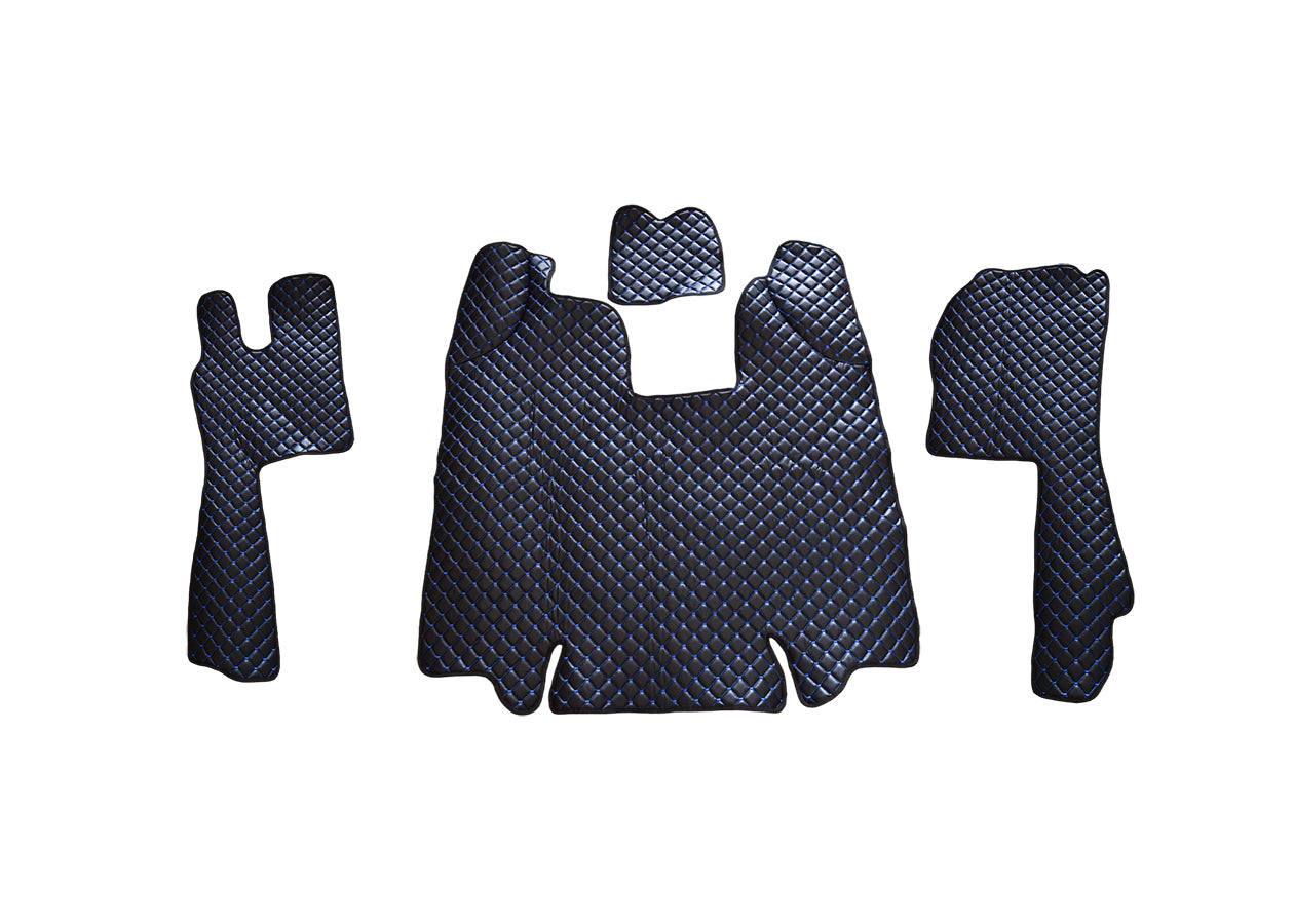 Tapis de sol en cuir synthétique noir pour conduite à gauche – adapté pour Scania R 2009–2013, surpiqûres bleues