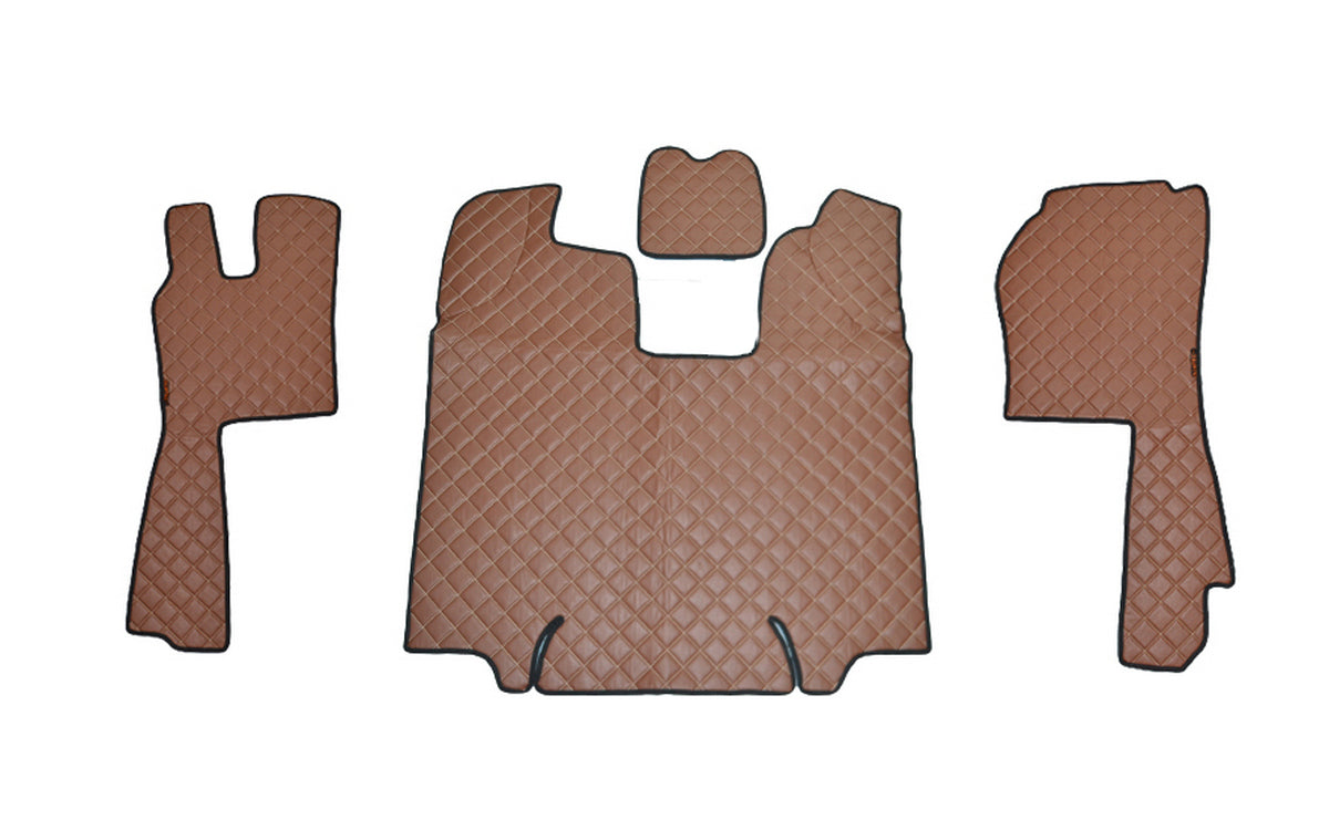 Tapis de sol en cuir synthétique (éco-cuir) marron – conduite à gauche, surpiqûres marron, adapté pour Scania R 2009–2013