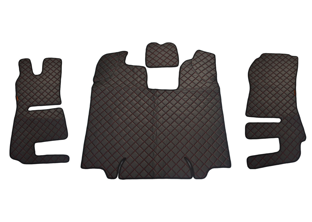 Tapis de sol en cuir synthétique (éco-cuir) noir – adapté pour Scania R 2013–2016, surpiqûres rouges