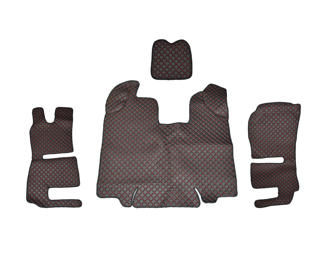 Tapis de sol en cuir synthétique (éco-cuir) noir – adapté pour Scania R 2013–2016, coutures rouges, deux sièges à suspension pneumatique