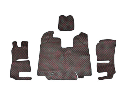 Tapis de sol en cuir synthétique (éco-cuir) noir – adapté pour Scania R 2013–2016, coutures rouges, deux sièges à suspension pneumatique