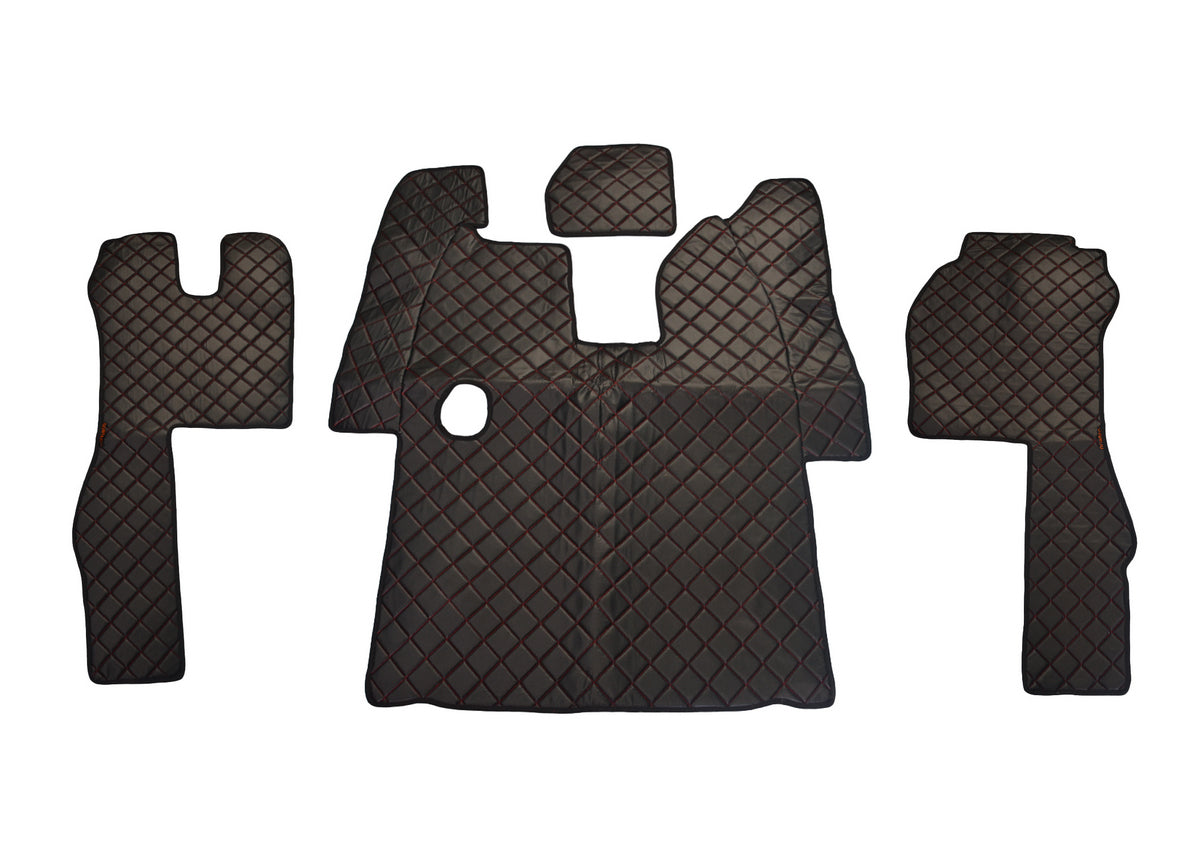 Tapis de sol en cuir synthétique (éco-cuir) noirs – adaptés pour Scania R boîte manuelle 2013–2016 avec surpiqûres rouges