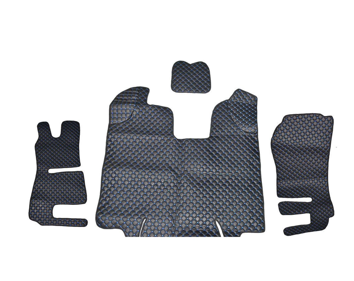 Tapis de sol en cuir synthétique (éco-cuir) noir – adapté pour Scania R 2013–2016, surpiqûres bleues