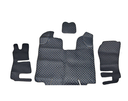Tapis de sol en cuir synthétique (éco-cuir) noir – adapté pour Scania R 2013–2016, surpiqûres bleues